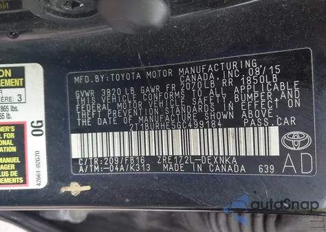 2016 Toyota Corolla Le из США, поврежденный, VIN 2T1BURHE5GC499184